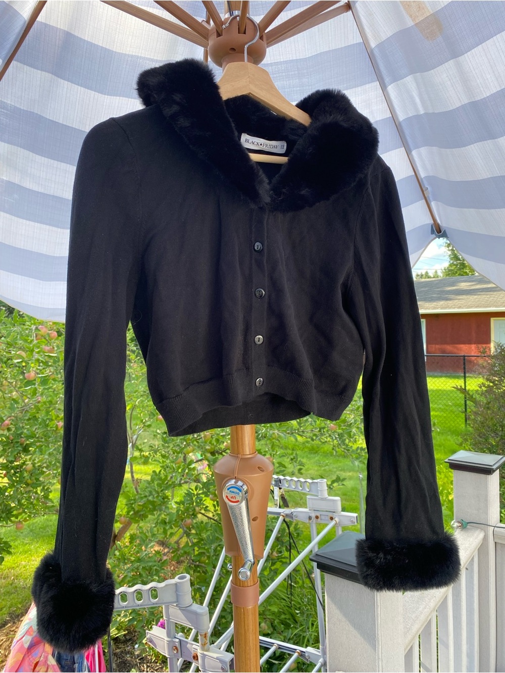 Black Friday Y2K Black Faux Fur Trim Cropped Cardigan 100% Cotton